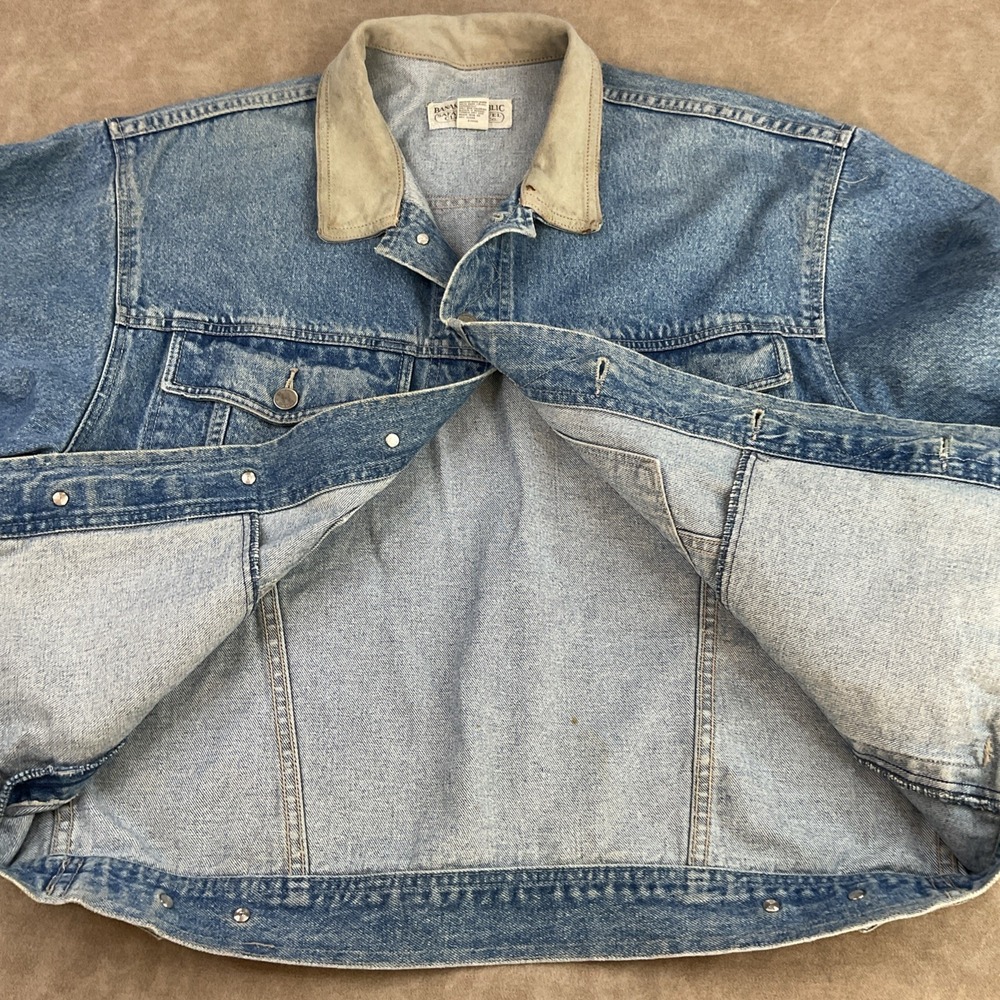 VTG Banana Republic‎ Safari Travel Jean Jacket 90s Denim Leather Trim Trucker L - Picture 12 of 16